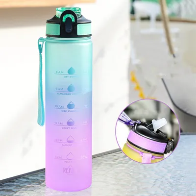 Produktbild von Láhev na pití 1000 ml nepropustná sportovní láhev na vodu s ukazatelem času, matný kelímek na vodu, outdoorové fitness láhve na vodu, barevný barevný gradient láhve na pití (barevný gradient zelená)