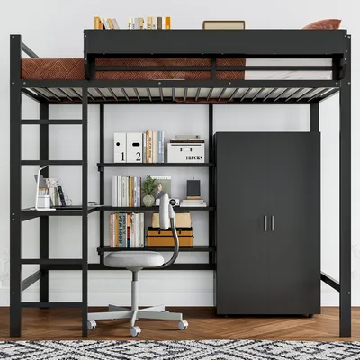 Produktbild von Hochbett mit Schreibtisch, Kleiderschrank und Regal, 90x200cm, Metallbett mit Rausfallschutz, Jugendbett, Kinderbett