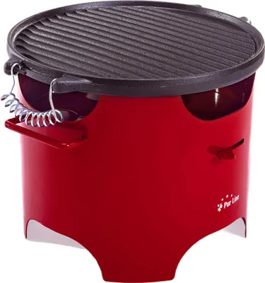 Produktbild von Grill mit Biobrennstoff, 0,5-Liter-Tank, rauchfrei, aus rotem Stahl und runder Grillplatte aus Gusseisen