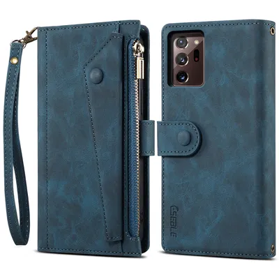 Obrázek produktu pro Ochranné pouzdro pro Samsung Galaxy Note 20 Ultra/Note 20 Ultra 5G, kožené pouzdro na zip, skládací peněženka s přihrádkou na karty, stojánek a poutko modré