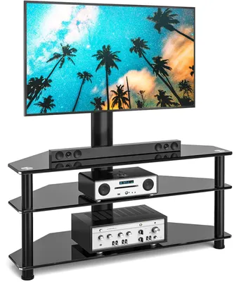 Image de Support TV en verre, noir - pour téléviseurs de 32 à 65 pouces - 3 étagères - pivotant et réglable en hauteur