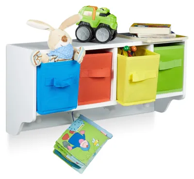 Spielzeugregal mit 4 Boxen & Haken, 28x61x16 cm, weiß