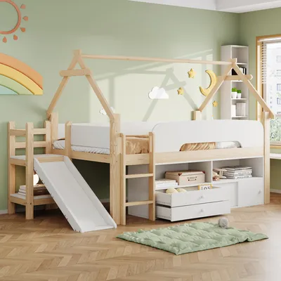 Produktbild von Merax Etagenbett 90x200cm mit Dachrahmen, Hochbett mit Sicherheitsrutsche und Schubladen, Kinderbett mit Spielbereich & Sicherheitsgeländer, Natur
