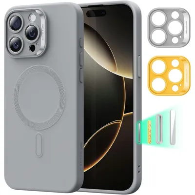 Productafbeelding van iPhone 16 Pro Max hoesje, MagSafe, siliconen, grijs, schokbestendig, met microvezelvoering