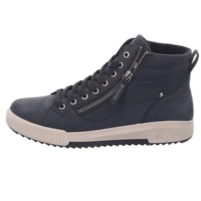 A single blue high-top sneaker with a beige sole is shown against a white background.