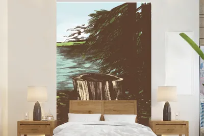 Produktbild von MuchoWow® Fototapete für Wohnzimmer oder Schlafzimmer Wandtapete Vinyl Motivtapete Baum - Meer - Illustration - 160x240 cm - Vinyltapete