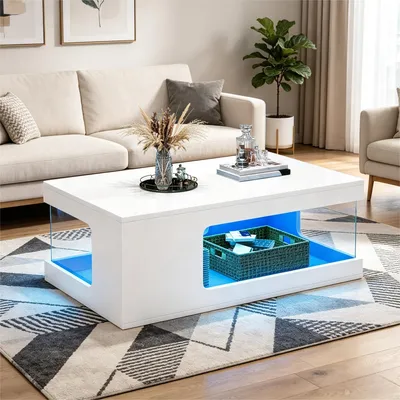 Image de Table basse Merax brillante avec éclairage LED, table de salon en verre trempé, table basse moderne avec grand espace de rangement etvia application, blanche