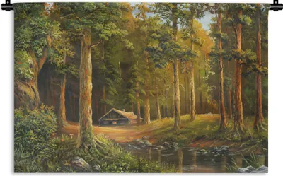 Produktbild von MuchoWow® Wandteppich Wandbehang Eine Illustration einer Hütte in einem Wald 60x40 cm Tapisserie Dekoration Wandtuch - Wanddekorationen