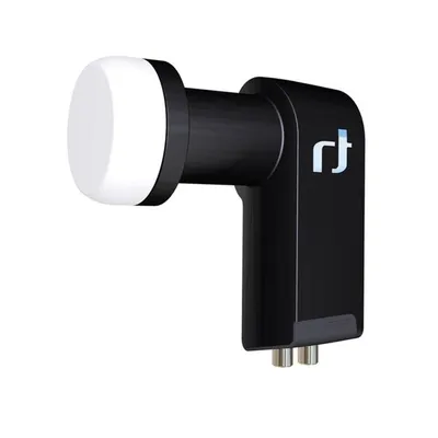 A black satellite LNB with a white cap on a white background.