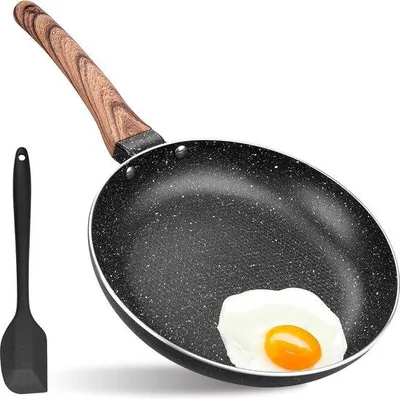 Image de Lot de poêles à induction avec manche en bois - 30 cm - hauteur 58 cm - spatule en silicone - lavable au lave-vaisselle