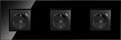 Produktbild von 3-fach Steckdose + USB-A/C Schwarz Komplett mit Glasrahmen Schuko 230V QUADRA