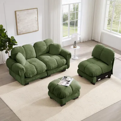 Produktbild von AIORBER Modulares 3-Sitzer L-Cloud-Sofa aus Chenille, gemütliche Couch mit Ottomane & Kissen, ergonomisches Wohnzimmer Sofa, weich & stützend, Grün