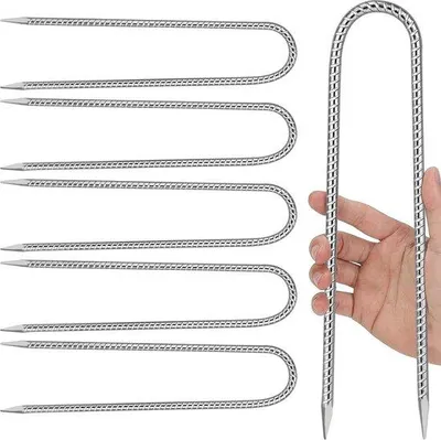 Zdjęcie produktu dla 6 szt. kotwic do podłoża 30 cm – śledzie Ø 8 mm – solidne, ocynkowane – kołki namiotowe w kształcie litery U – twarde podłoże – kemping – trampolina