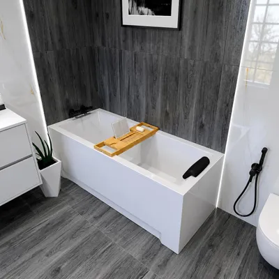 Zdjęcie produktu dla Wanna Akrylowa Zestaw 4w1 Prostokątna 130x70 Biała + Czarny Zagłówek, Nowoczesny Chrom Premium Syfon i Nogi (stelaż) w komplecie | BADLAND MODERN