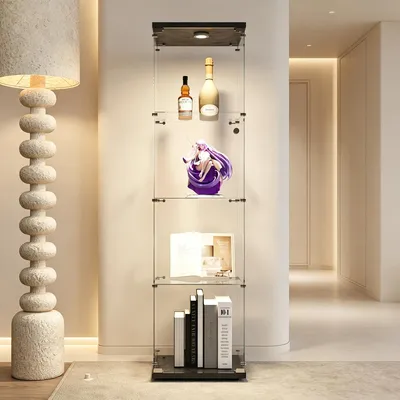Immagine prodotto di Vetrina espositiva in vetro con illuminazione a LED e ante in vetro, mobiletto vetrina con 4 ripiani in vetro, vetrina espositiva in vetro, colore nero, dimensioni 164x42,5x36,5 cm