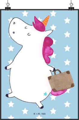 Produktbild von Mr. & Mrs. Panda Bild Einhorn Koffer DIN A2 - Blau Pastell - Geschenk, Lustig, Deko Poster, Plakat, Wandbild, Unicorn, drucke, Kunstdruck, Verreisen, Einhörner