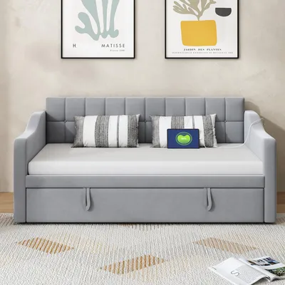 Produktbild von Flieks Tagesbett Schlafsofa 90x200cm mit Ausziehbett, Polsterbett Einzelbett mit Ladefunktion, Sofabett Daybed Gästebett mit Armlehne, Samt, Hellgrau