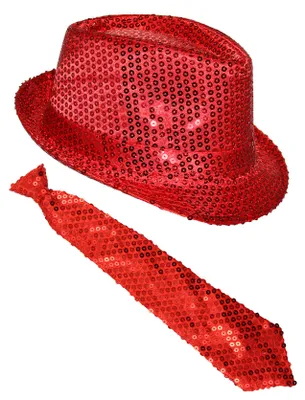 Produktbild von Pailletten Kostüm Set - Rot - Hut & Krawatte