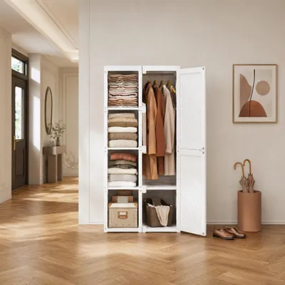 Productafbeelding van ProximaX garderobekast, kunststof garderobekast, kast met planken en kledingroede, modulaire kast met legplanken, 136x50x69 cm, wit