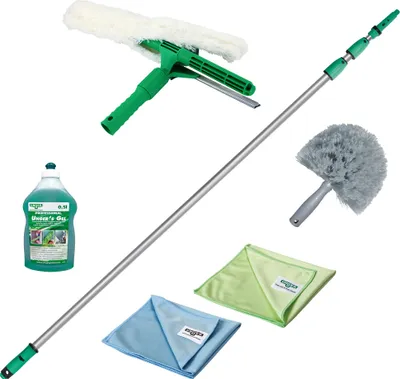 A collection of window cleaning supplies arranged on a white background.