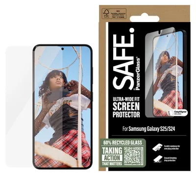 Obrázok produktu pre PanzerGlass SAFE. by ® Screen Protector Samsung Galaxy S25 | S24 | Ultra-Wide Fit w. EasyAligner, Samsung, Samsung - Galaxy S25, Samsung - Galaxy S24 5G, Suché aplikovanie, Odolné proti poškriabaniu, Odolný proti nárazom, Priehľadná, 1 kusov