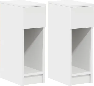 Two white bedside tables with a drawer and an open shelf.