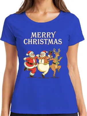 Produktbild von MERRY CHRISTMAS Weihnachtsmann Schneemann Rentier tanzend Vintage Damen T-Shirt, Blau, L