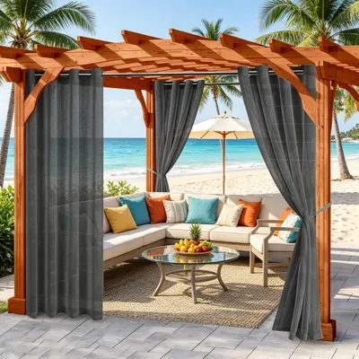 Immagine prodotto di Set da 2 tende trasparenti con occhielli, tende da esterno idrorepellenti, tende in voile, colore: nero, dimensioni: 132 x 213 cm