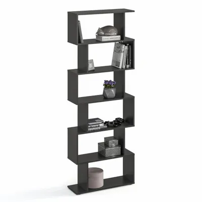 Produktbild von Komto Bücherregal - Raumteiler Regal Standregal Holz und Hoch mit 6 Ebenen S-Förmiges Modern Hochregal Aktenregal Büroregal 191x70x24 cm Schwarz