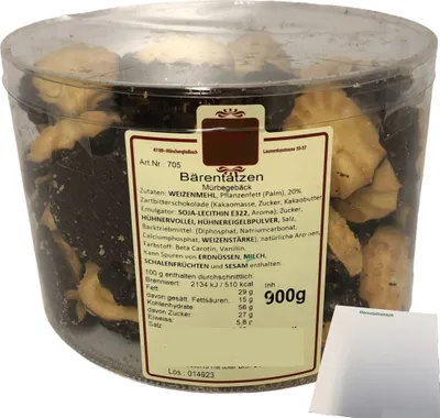 Produktbild von Esser Bären-Tatzen Kekse mit Schokolade (900g Runddose) + usy Block