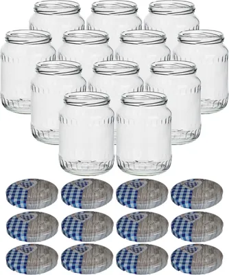 Produktbild von gouveo 12er Set Einmachgläser 720 ml Facette mit Schraub-Deckel herz-blau - Große Vorratsgläser mit Drehverschluss TO82 - Leere Marmeladengläser, Einkochgläser, Einweckgläser, Aufbewahrungsgläser