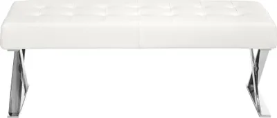 A white tufted bench with chrome legs on a white background.
