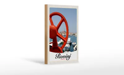 Produktbild von Holzschild Reise 12x18 cm Rovinji Kroatien Boote rot Haus