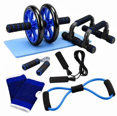 Produktbild von Relaxdays Fitness Set, 9-tlg., Bauchroller, Liegestützgriffe, Handtrainer, Springseil, Fitnessband, Kniematte, blau
