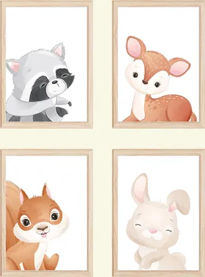 Produktbild von Waldtiere 4er Set Bilder Waschbär Reh Eichhörnchen Hase Kinderzimmer Deko DIN A4 Poster Babyzimmer Wandbilder