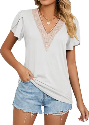 Produktbild von ASKSA Damen T-Shirt V-Ausschnitt Bluse Sommer Casual Kurzarm Elegant Oberteile Einfarbige Tops, Weiß, L