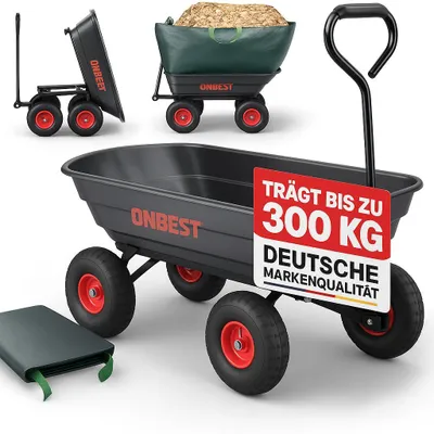 A product shot of a garden cart with multiple views and a promotional sign.