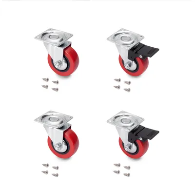Zdjęcie produktu dla Emuca Pakiet 4 kółek Slip 2 Red z płytą montażową, średnica 50 mm, Stal i Plastik
