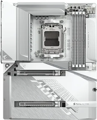 Produktbild von GIGABYTE B850 AORUS STEALTH Mainboard – AMD Ryzen 9000 Series CPUs, digitales 14+2+2-Phasen-VRM, bis zu 8200 MHz DDR5 (O.C.), 2× PCIe-5.0-M.2 + 2× PCIe-4.0-M.2, Wi-Fi 7, 5-GbE-LAN, USB 3.2 Gen 2, AMD, Sockel AM5, AMD Ryzen 7000 Series, AMD Ryzen 8000 Series, AMD Ryzen 9000 Series, Sockel AM5, DDR5-SDRAM, 256 GB