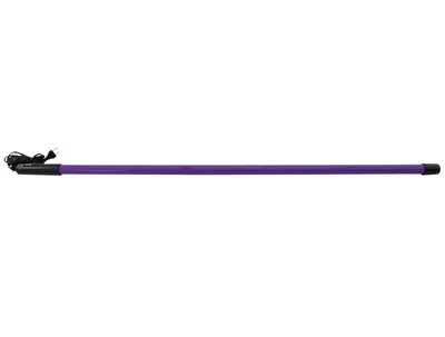 A long, thin, purple light tube with a black connector and plug on a white background.