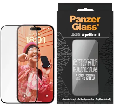 Obrázok produktu pre PanzerGlass ® Ceramic Protection for iPhone 15 | Ultra-Wide Fit w. EasyAligner, Apple, Apple - iPhone 15, Suché aplikovanie, Odolné proti poškriabaniu, Odolný proti nárazom, Priehľadná, 1 kusov