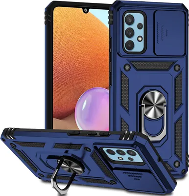 Produktbild von Galaxy A32 4G Hülle mit Schiebe Kamera Schutz und Ringhalter Ständer Robust Rüstung Schutzhülle für Samsung Galaxy A32 4G Blau