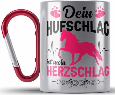 Produktbild von Trendation - Reiterin Edelstahl Tasse Karabiner - Dein Hufschlag ist mein Herzschlag - Pferde Edelstahl Tasse Karabiner Karabiner Edelstahl Tasse Karabiner Edelstahl Mädchen Geschenk Pferdeliebhaber Sprüche Reiten (Rot)