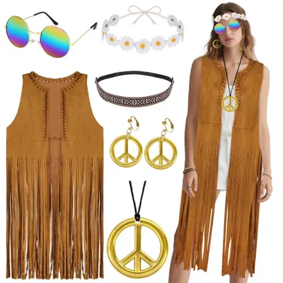 Imagen del producto de Traje hippie para mujer, conjunto de 6 piezas de vaquera estilo western con chaleco de flecos y accesorios, ideal para disfraces de carnaval