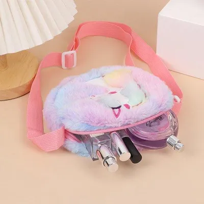 Produktbild von Unyqoos® Set aus 2 Einhorn-Schultertaschen für Mädchen, rosa & lila Plüsch, 19×16×2 cm, mit 5 Gesichtsstickern, Reißverschluss & verstellbarem Gurt, 4–12 Jahre