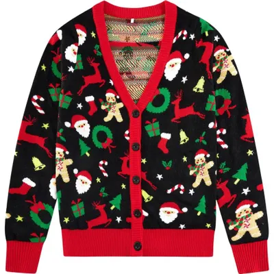 Obrázek produktu pro Dámský vánoční svetrový kardigan na knoflíky zábavný Santa Claus černý M