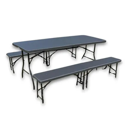 Immagine prodotto di Tavolo da picnic pieghevole Rijoka – Design in rattan – Tavolo pieghevole con 2 panche pieghevoli – Tavolo da birreria per 6-8 persone – Portata 150 kg – Taupe