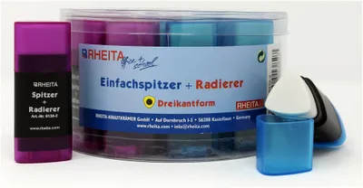 Produktbild von Dosenspitzer + Radierer in Dreikantform, farblich sortiert, 18 Stück