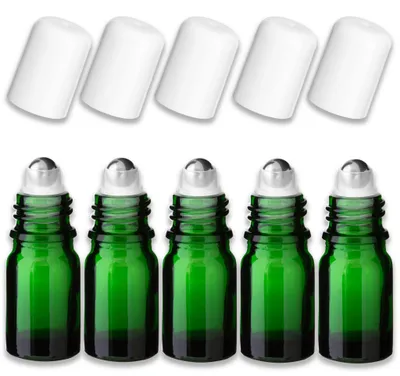 Produktbild von 5x Grüne Glasflasche 5 ml Roll-On mit weißem Verschluss – Fläschchen