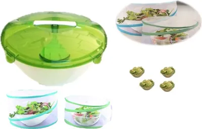 Produktbild von Salatschüssel inklusiv Salatbesteck + 4 x 1 Liter Schüssel + 2 x Pop-Up Fliegenhaube Speisen-Haube Abdeckung Lebensmittel Kuchenabdeckung Fliegennetz